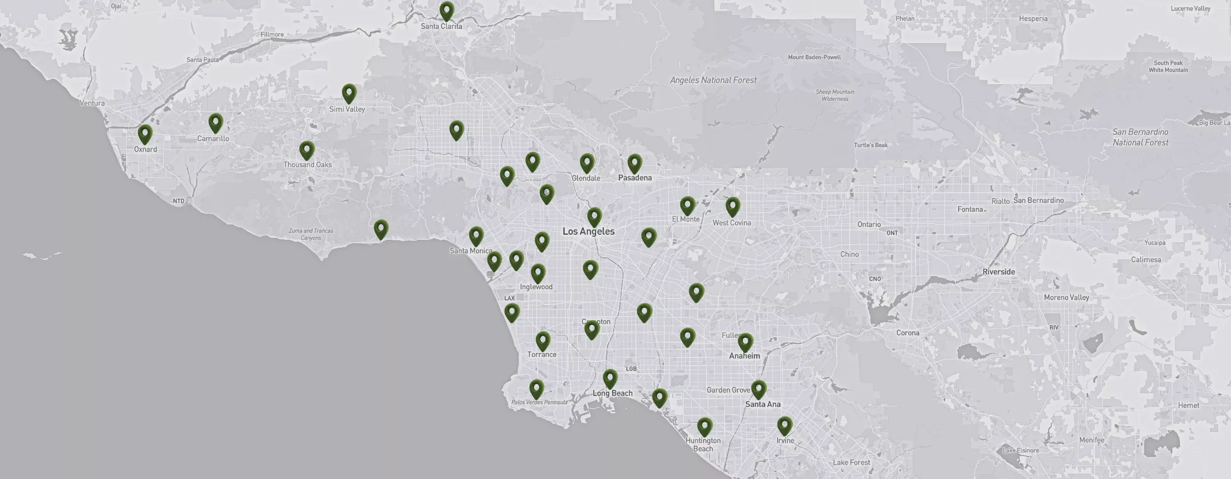 Map showing Turf Pro artificial turf installation service area in Los Angeles County and nearby Southern California areas